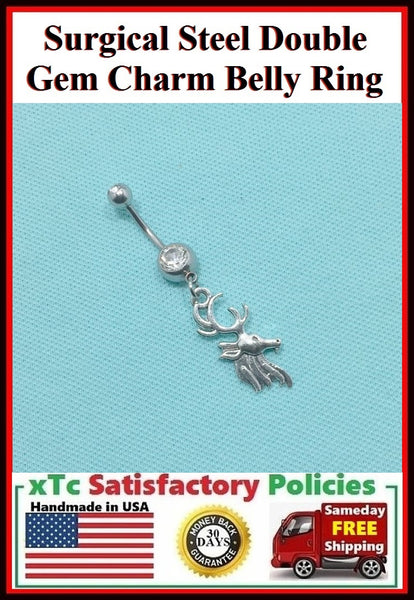 Surgical Steel Double Gems Belly Ring with Dear Head Charm.