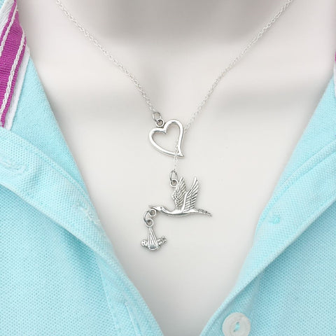 I Love Stork Carrying Baby Lariat Y Necklace.