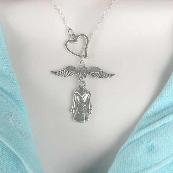 Castiel's Angel Wings and Trench Coat Handcrafted Necklace Lariat Style.