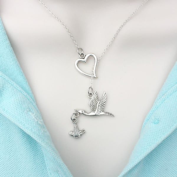 I Love Stork Carrying Baby Lariat Y Necklace.