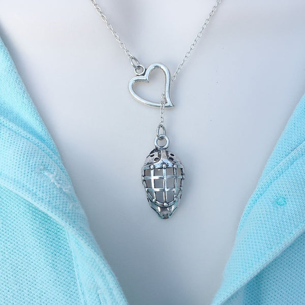 I Love Ice Hockey Silver Mask Lariat Y Necklace.