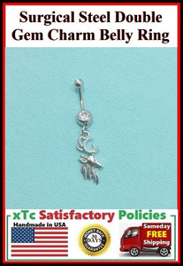 Surgical Steel Double Gems Belly Ring with Dear Head Charm.