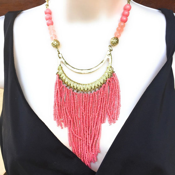 BeautifulCoral Color Multiple Bead Stings Statement Necklace.