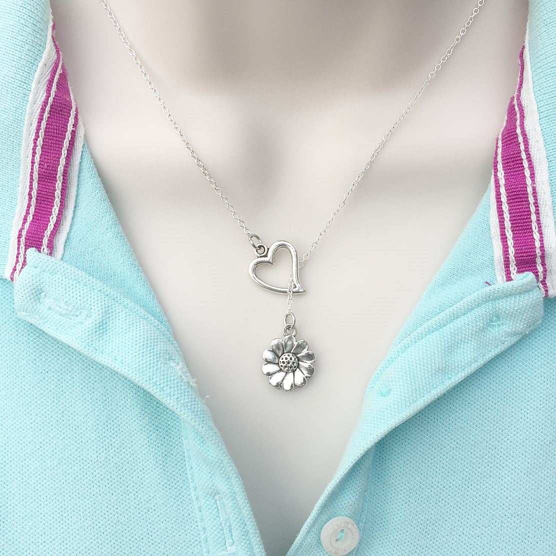 I Love Daisy Sunflower Silver Lariat Y Necklace.