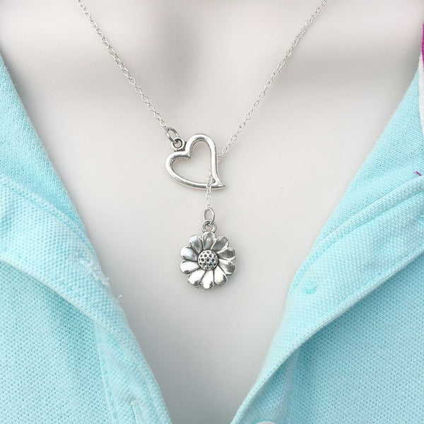 I Love Daisy Sunflower Silver Lariat Y Necklace.