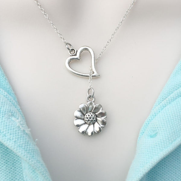 I Love Daisy Sunflower Silver Lariat Y Necklace.