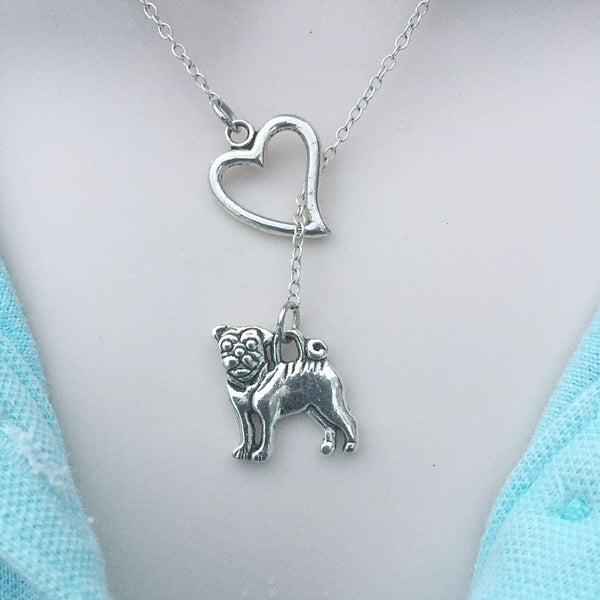 Beautiful PUG Silver Charm Lariat Y Necklace.