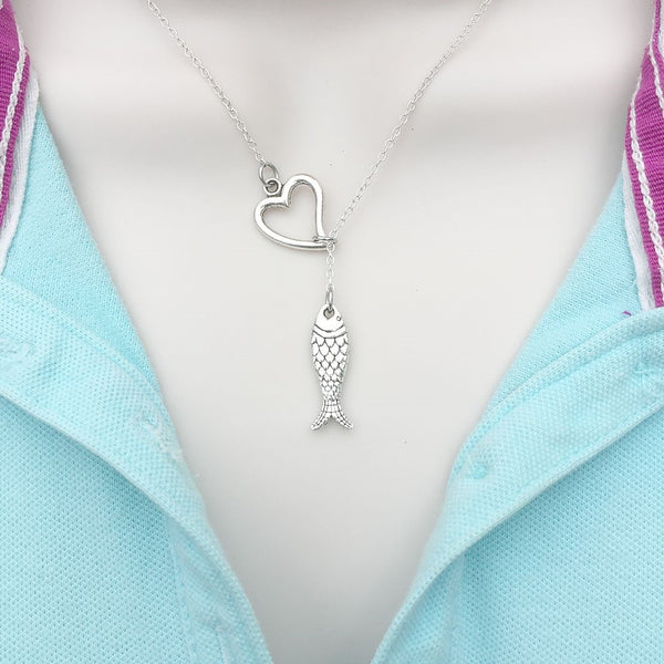 I Love Fishing Silver Lariat Y Necklace.