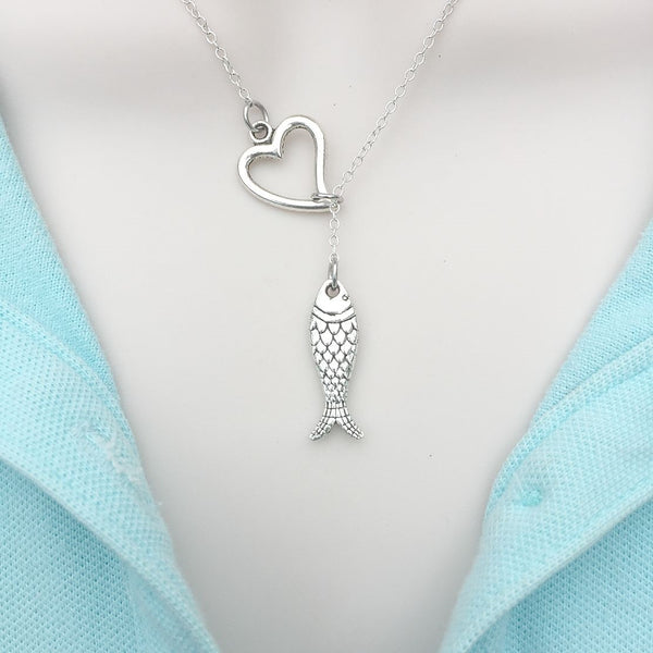 I Love Fishing Silver Lariat Y Necklace.