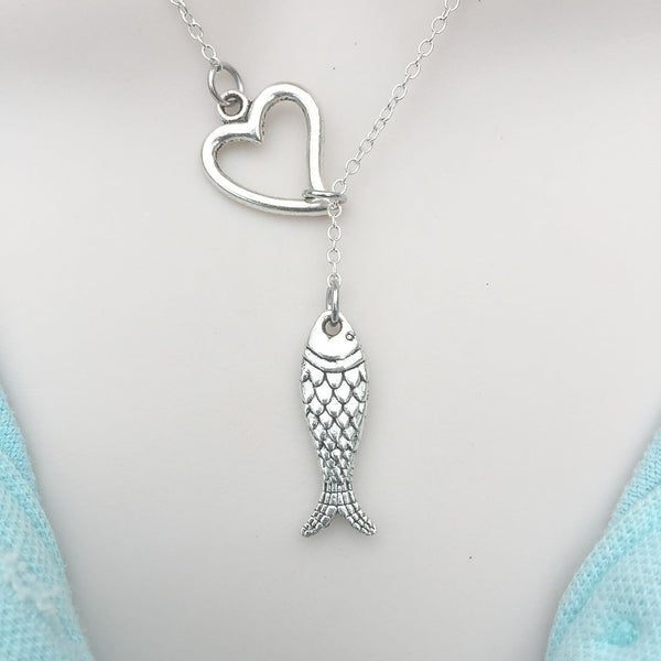 I Love Fishing Silver Lariat Y Necklace.