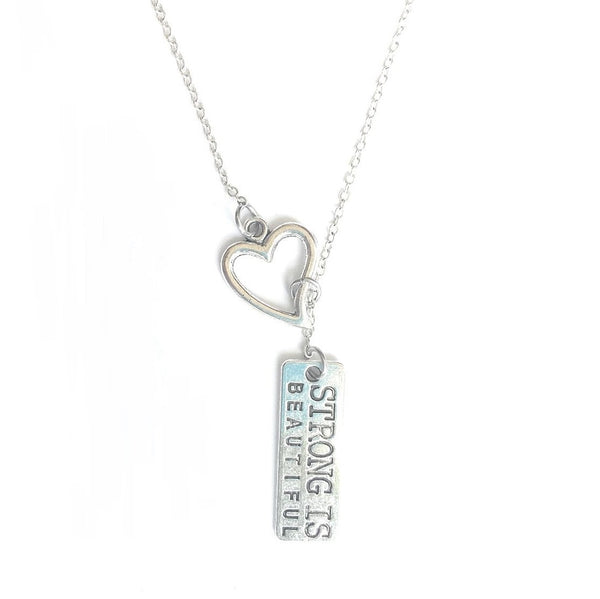 "Strong is Beautiful" Quote Silver Lariat Y Necklace.