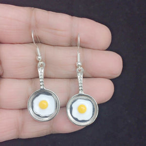 Cook's Fry Pan with Egg Handcrafted Silver Dangle Earrings.