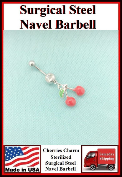 Pretty Cherries Silver Charm Surgical Steel Belly Ring.