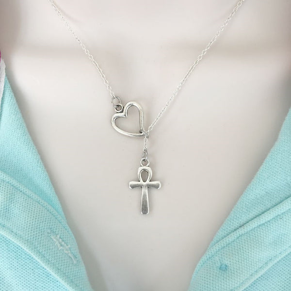 Egyptian ANKH Symbol Silver Lariat Y Necklace.