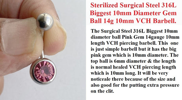 Sterilized Surgical Steel BIGGEST 10mm PINK Gem 14g 10mm Length VCH Barbell.