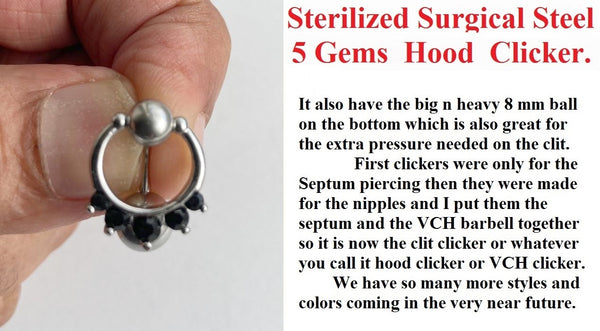 Sterilized Surgical Steel 5 Black Gems VCH CLICKER 14g Barbell w Heavy Ball.