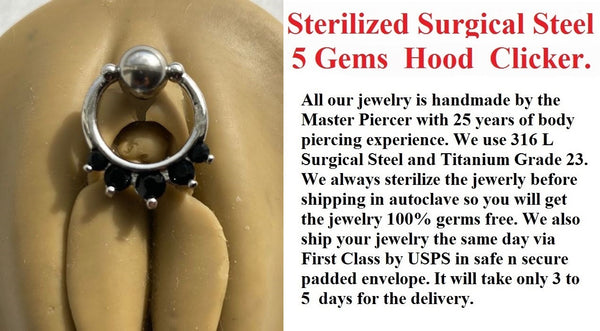 Sterilized Surgical Steel 5 Black Gems VCH CLICKER 14g Barbell w Heavy Ball.