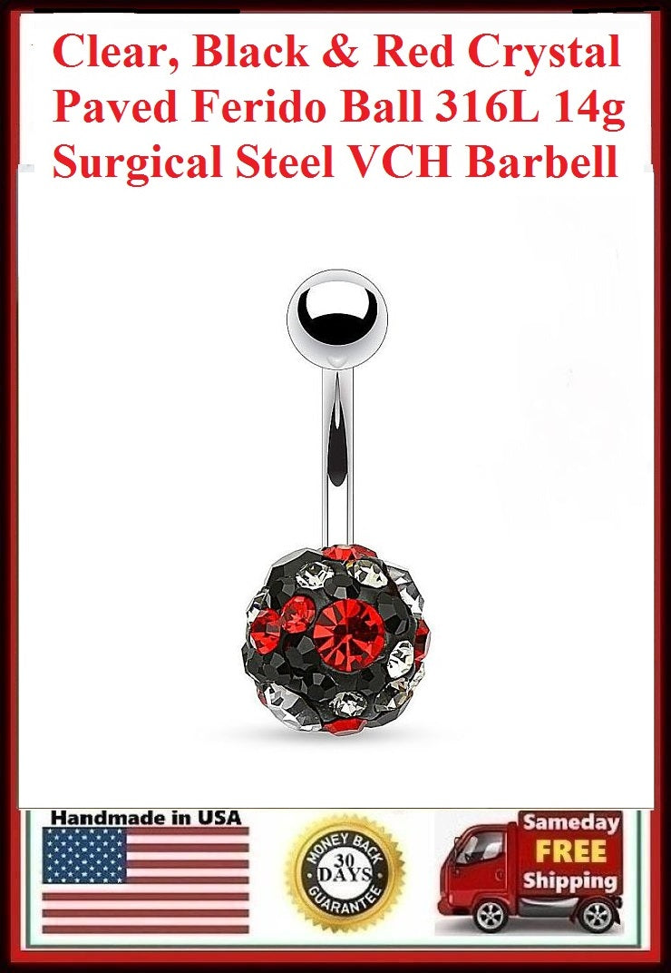 Surgical Steel Clear Black & Red Crystals Ferido Paved 10mm Ball 14g VCH Barbell.