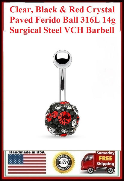 Surgical Steel Clear Black & Red Crystals Ferido Paved 10mm Ball 14g VCH Barbell.