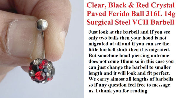 Surgical Steel Clear Black & Red Crystals Ferido Paved 10mm Ball 14g VCH Barbell.