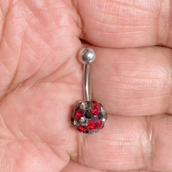 Surgical Steel Clear Black & Red Crystals Ferido Paved 10mm Ball 14g VCH Barbell.