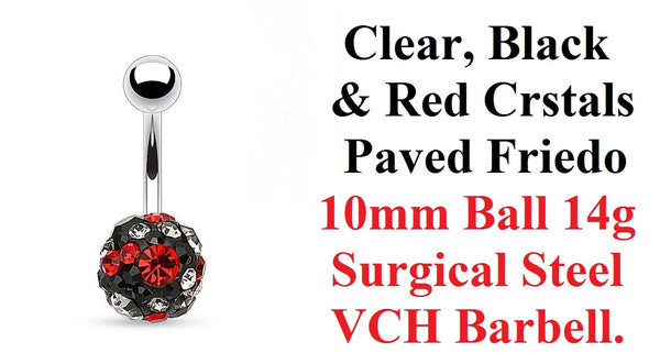 Surgical Steel Clear Black & Red Crystals Ferido Paved 10mm Ball 14g VCH Barbell.