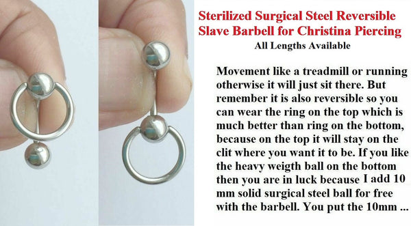 Sterilized Surgical Steel Reversible SLAVE CHRISTINA 14g Barbell w Heaviest Ball.