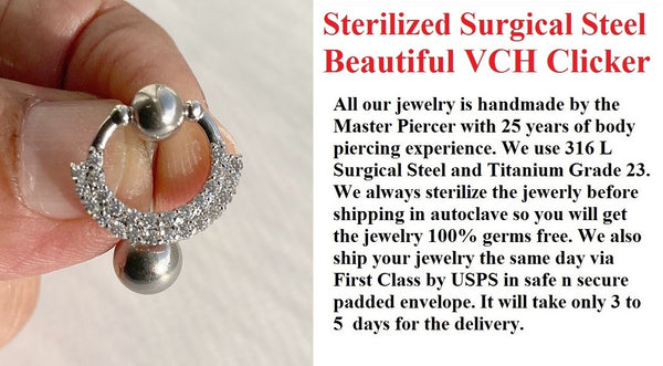 Sterilized Surgical Steel 2 Lines Clear Gems VCH CLICKER 14g Barbell w Heavy Ball.