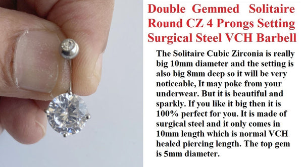 Double Gemmed Solitaire Prong Set Surgical Steel 14g VCH Barbell.