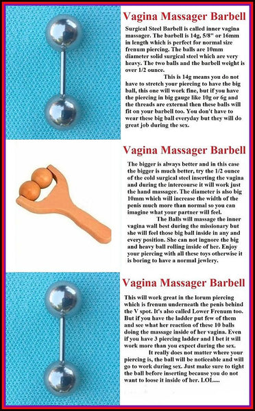 Sterilized Surgical Steel 14g w 10mm Balls Frenum Barbell or Vagina Massager.