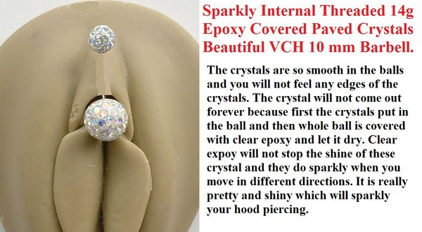 Sparkly 14g INTERNALLY THREADED Epoxy Covered PAVED CRYSTALS VCH Barbell.