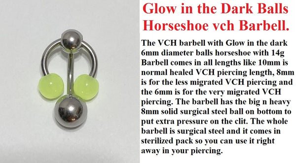 Glow in the Dark HORSESHOE & BARBELL w Heavy Ball COMBO for VCH Piercing.