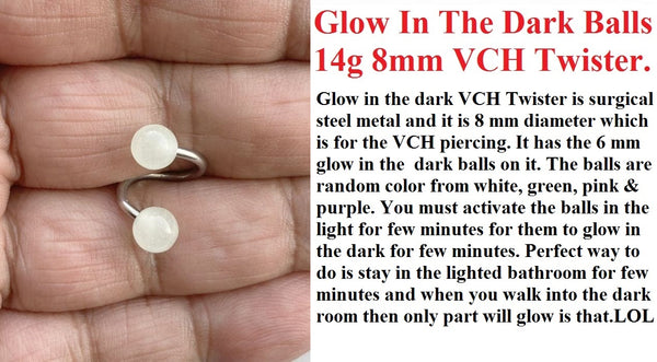 Glow in the Dark Balls 14g VCH Piercing TWISTER Sterilized Surgical Steel.