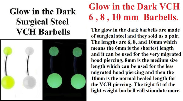 Glow in The Dark Barbells 5 & 8mm Balls for Vertical Hood Piercing.