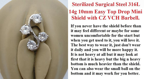 Surgical Steel 14g 4 gems Easy Top Drop Mini Shield VCH Barbell w Heavy Ball.