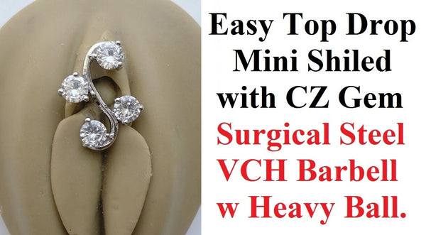 Surgical Steel 14g 4 gems Easy Top Drop Mini Shield VCH Barbell w Heavy Ball.