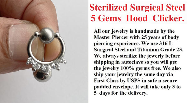 Sterilized Surgical Steel 5Gems VCH CLICKER 14g Barbell w Heavy Ball.