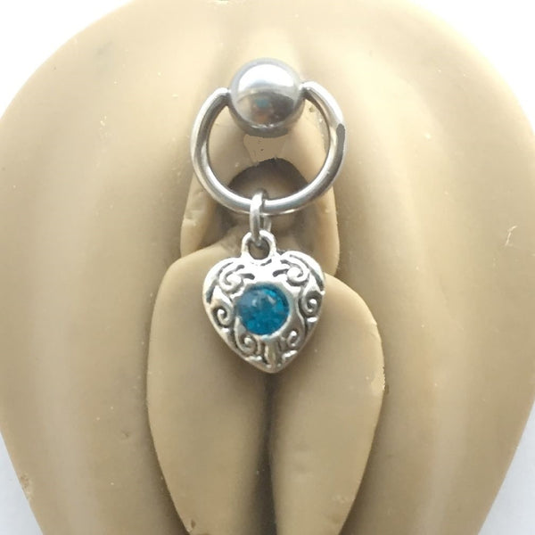 TEAL GEM HEART DANGLE VCH Barbell with Heavy Ball for EXTRA PRESSURE.