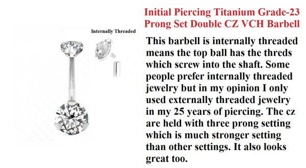For Initial Piercing Titanium Grade-23 INTERNALLY THREADED Prong Set CZ VCH Barbell.