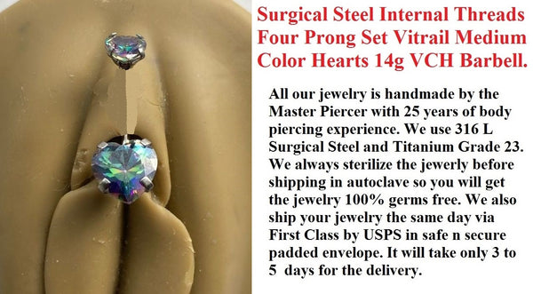 Surgical Steel INTERNALLY THREADED Vitrail Medium Heart Prong Set CZs VCH Barbell.
