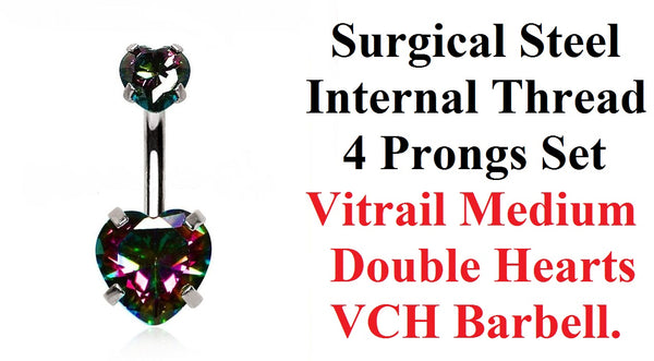 Surgical Steel INTERNALLY THREADED Vitrail Medium Heart Prong Set CZs VCH Barbell.