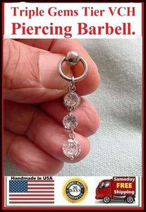 TRIPLE GEMS TIER VCH Piercing Barbell with Heavy Ball for EXTRA PRESSURE.