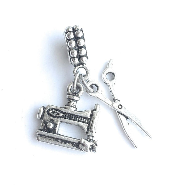 Seamstress Tailor "SEWING MACHINE n SCISSORS" Silver Bead For Charm Bracelets