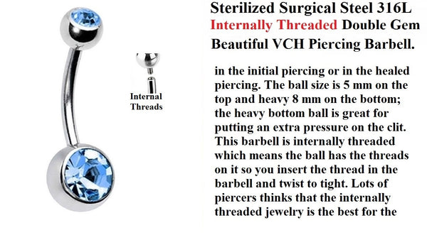 Sterilized Surgical Steel 316L INTERNALLY THREADED Double Gem VCH Barbell.