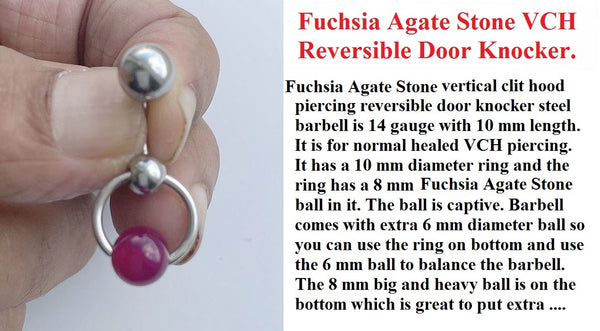 Fuchsia Agate Stone Reversible DOOR KNOCKER for Vertical Hood Piercing.