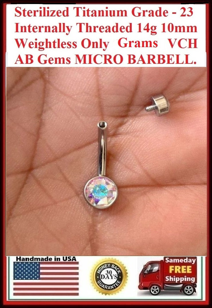 Titanium AB Gems VCH MICRO Barbell, Weightless and Internally Threaded.
