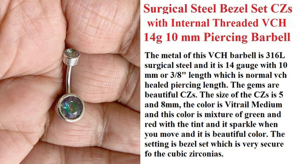 Surgical Steel INTERNALLY THREADED Vitrail Medium Bezel Set CZs VCH Barbell.