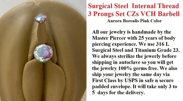 Surgical Steel INTERNALLY THREADED AB Pink Prong Set CZs VCH Barbell.