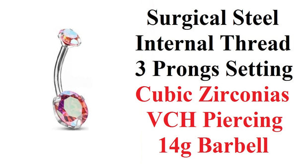 Surgical Steel INTERNALLY THREADED AB Pink Prong Set CZs VCH Barbell.