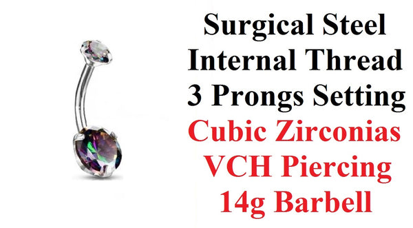 Surgical Steel INTERNALLY THREADED Vitrail Medium Prong Set CZs VCH Barbell.